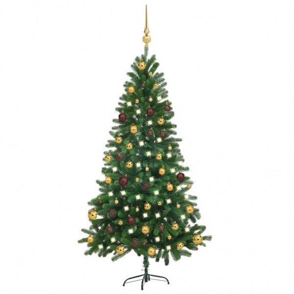 Árbol de Navidad preiluminado con luces y bolas verde 150 cm D