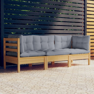 Sofá de jardín de 3 plazas con cojines madera maciza pino gris D