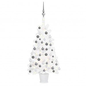 Árvore de Natal pré-iluminada com luzes e bolas brancas 65 cm D
