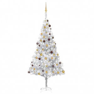 Árbol de Navidad preiluminado con luces y bolas plateado 240 cm D