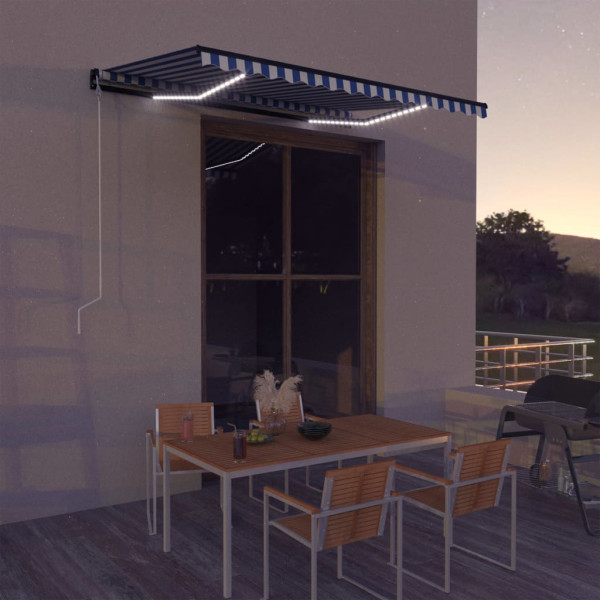 Toldo com LED e sensor de vento azul e branco 350x250 cm D