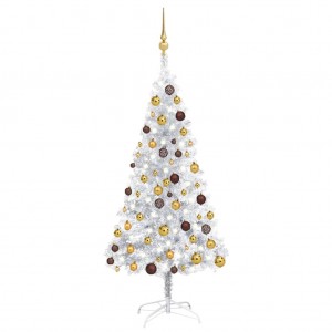 Árbol de Navidad preiluminado con luces y bolas plateado 120 cm D
