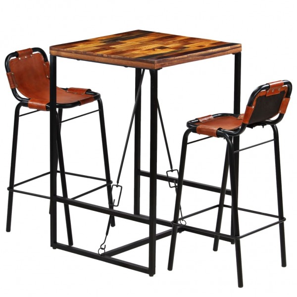 Set muebles bar 3 piezas madera maciza reciclada y cuero cabra D