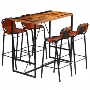 Set muebles bar 5 piezas madera maciza reciclada y cuero cabra D