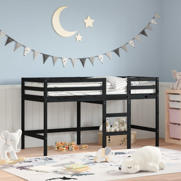 Cama alta infantil escada madeira maciça pinho preto 90x200 cm D