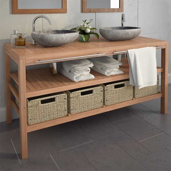 Mueble lavabo tocador madera teca maciza 4 cestas 132x45x75 cm D