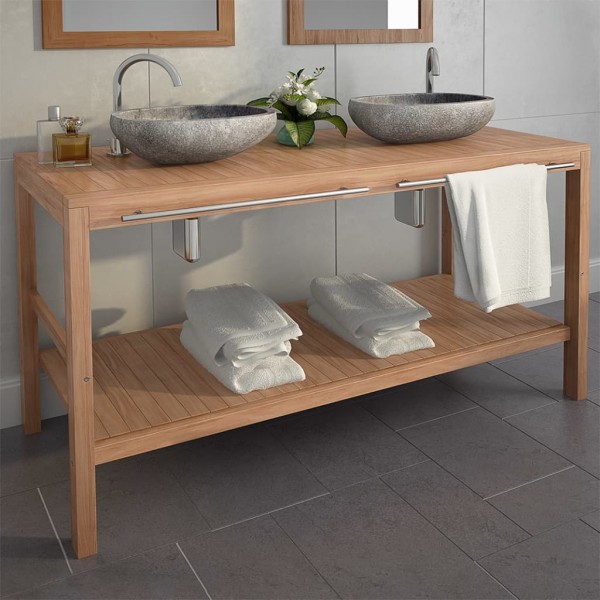 Mueble tocador madera teca maciza con lavabos de piedra de río D