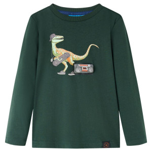 T-shirt de crianças mangas compridas verde escuro dinossauro imprimir 128 D