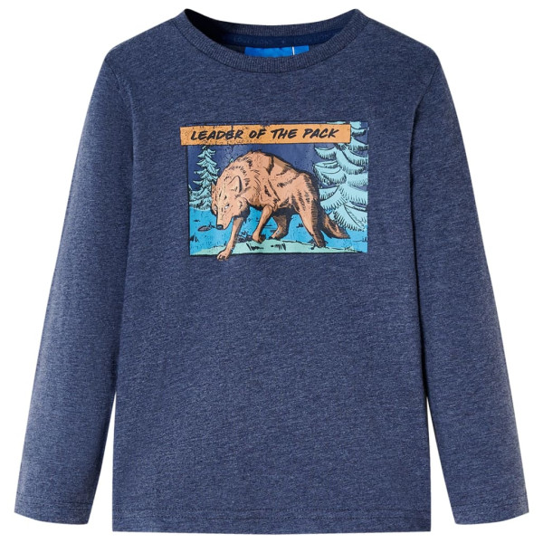 Camiseta para niños manga larga estampado lobo azul oscuro melange 92 D