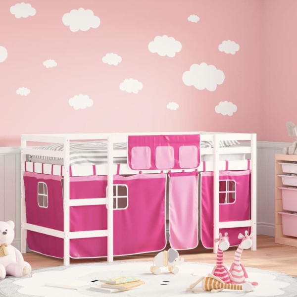 Cama alta para crianças com cortinas de madeira de pinho rosa 90x190 cm D