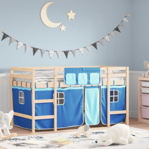 Cama alta para niños con cortinas madera pino azul 90x190 cm D