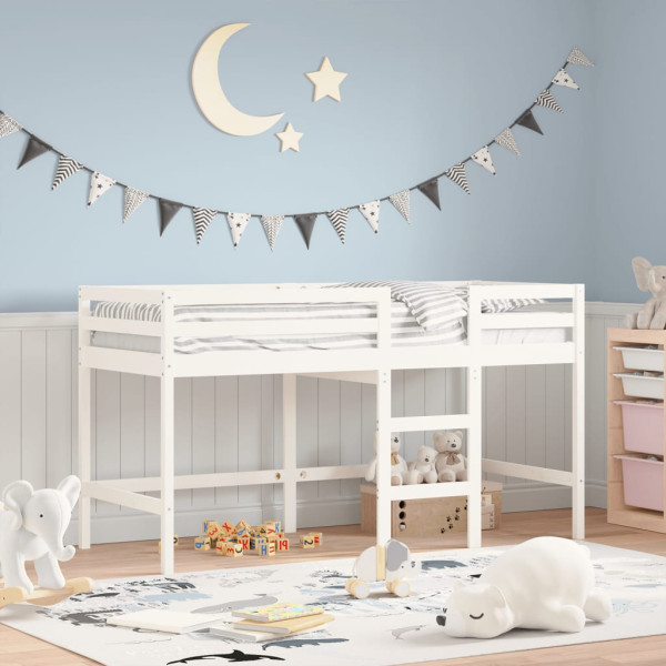 Cama alta infantil escada madeira maciça pinho branco 90x200 cm D