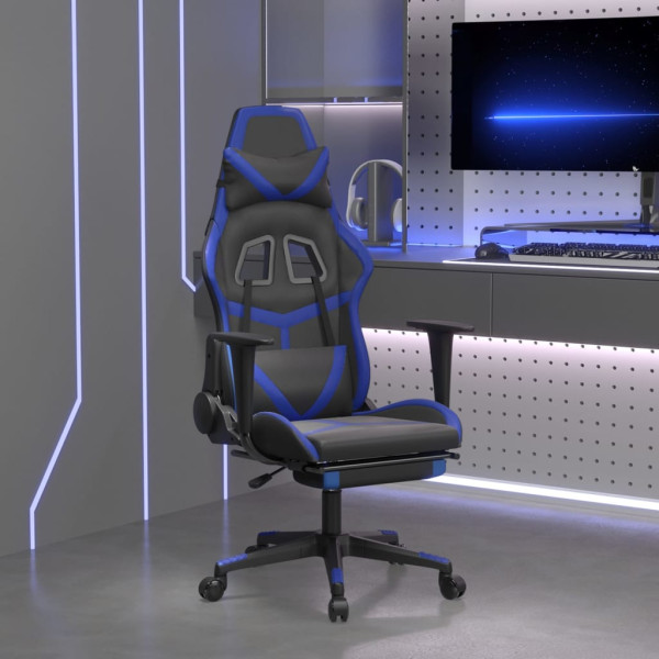 Cadeira de jogos com apoio de pés de couro sintético preto azul D