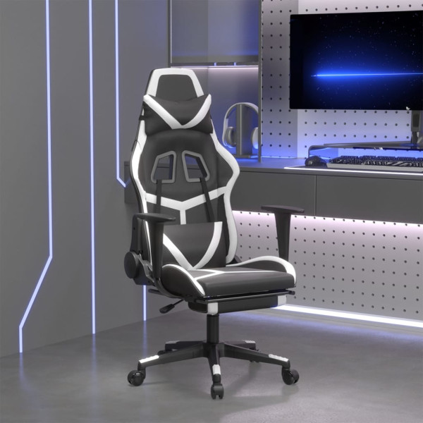 Cadeira de jogos com apoio de pés de couro sintético preto branco D