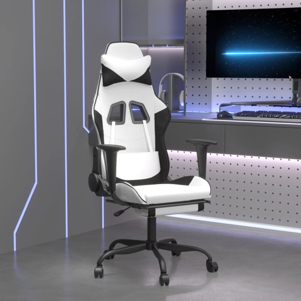 Cadeira de massagem de jogos e apoio de pés de couro sintético preto branco D