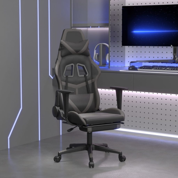 Cadeira de jogos com apoio de pés de couro sintético preto cinza D