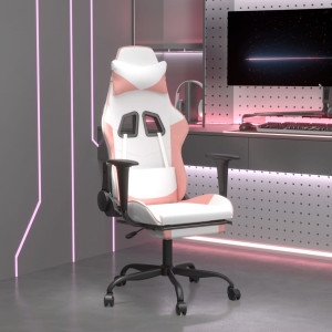 Cadeira de massagem de jogos e apoio de pés de couro sintético branco e rosa D