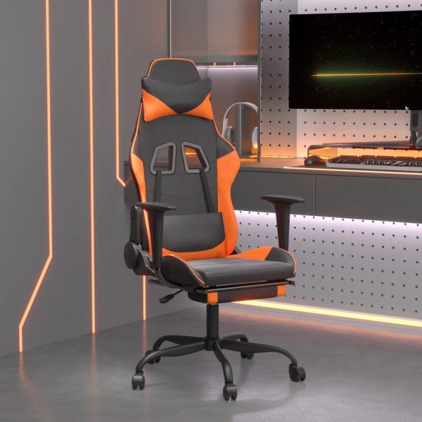 Cadeira de jogos com apoio de pés de couro sintético preto laranja D
