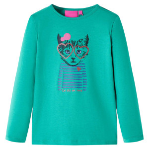 Camiseta para niños manga larga estampado de gato verde brillante 104 D