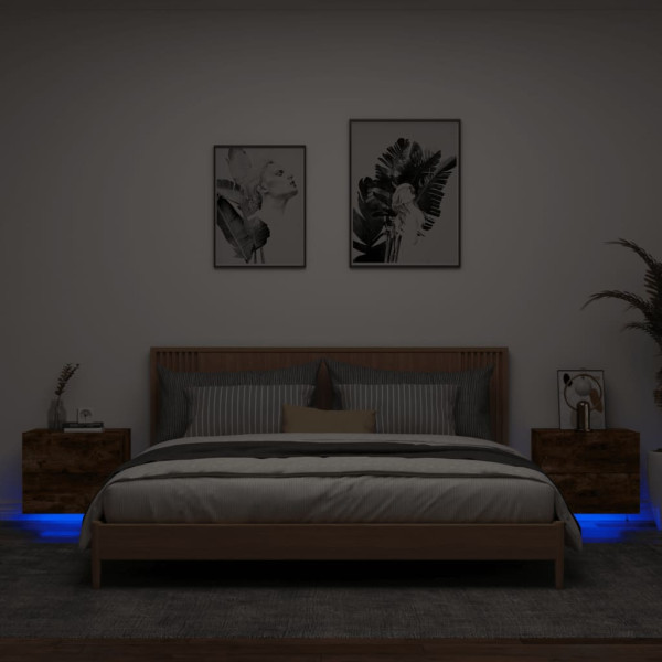 Mesitas de noche de pared con luces LED 2 uds roble ahumado D