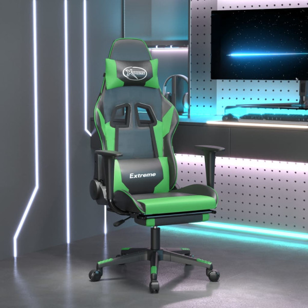 Cadeira de jogos com apoio de pés de couro sintético preto-verde D