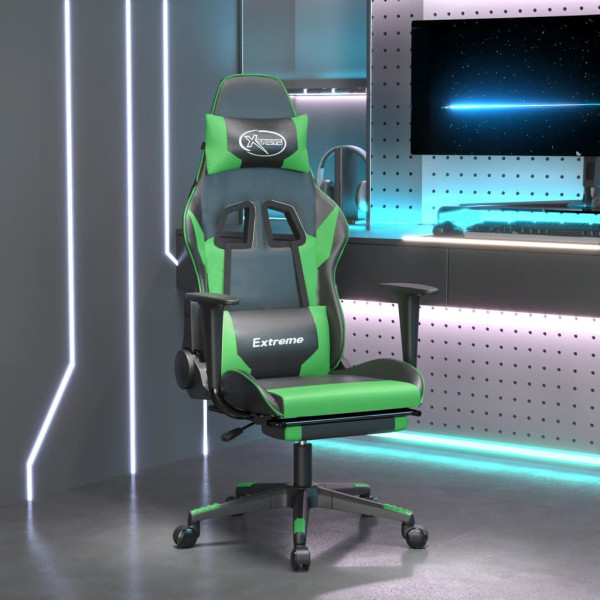 Cadeira de massagem de jogos e apoio de pés de couro sintético preto verde D