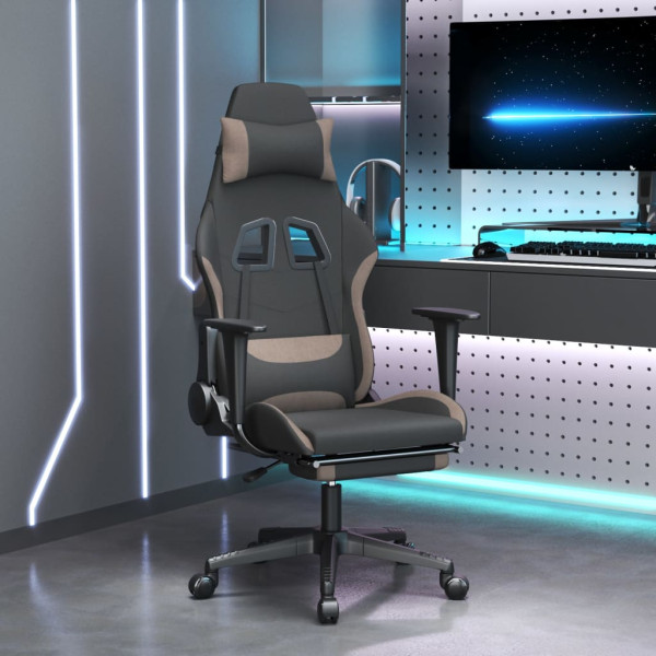 Cadeira de massagem gaming com suporte de pés de tecido preto e cinza taupe D