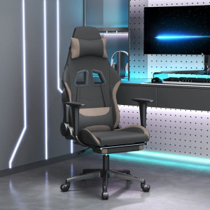 Cadeira de jogos com suporte de pés de tecido preto e cinza taupe D