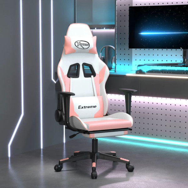 Cadeira de massagem de jogos e apoio de pés de couro sintético branco e rosa D