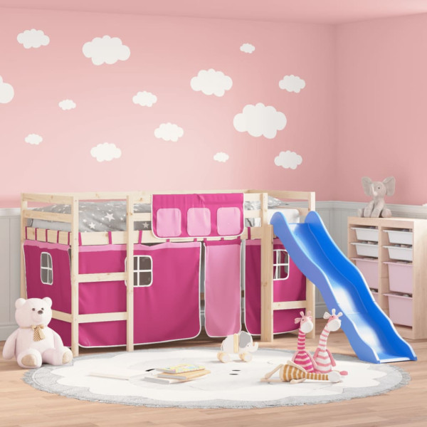 Cama alta para crianças com cortinas de madeira de pinho rosa 80x200 cm D