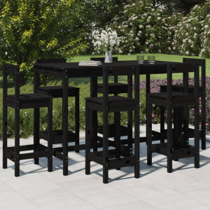 Set de mesa y taburetes altos jardín 7 piezas madera pino negro D