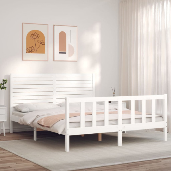 Estrutura de cama de casamento com cabeçote de madeira maciça branca D