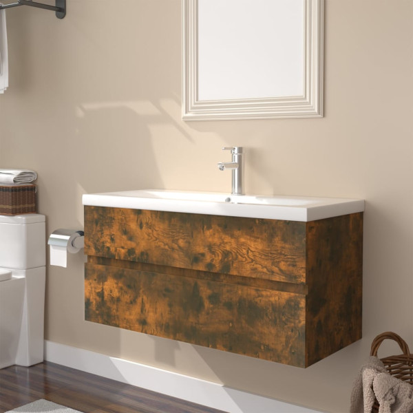 Mueble de baño con lavabo madera contrachapada roble ahumado D