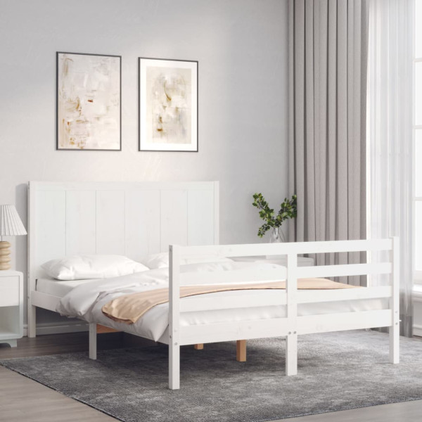 Estrutura de cama com cabeceira de madeira maciça branca 140x190 cm D