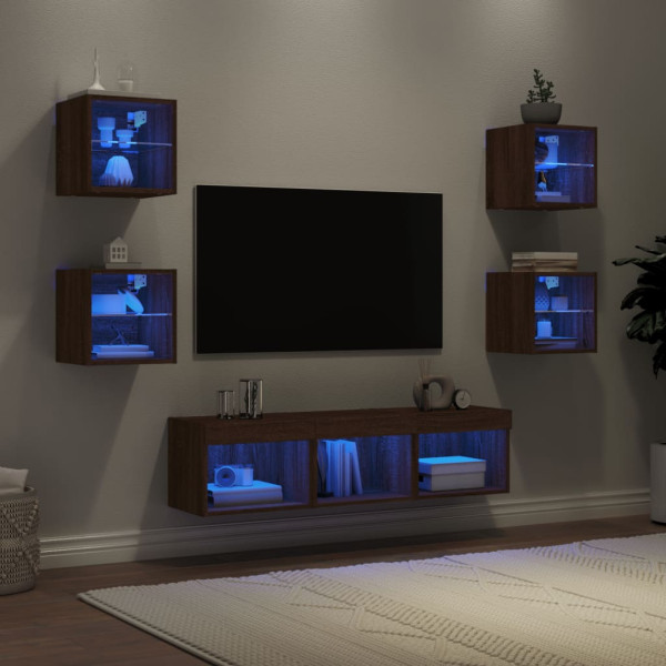 Mobiliário TV de parede com LED 7 pzas madeira engenharia marrom carvalho D