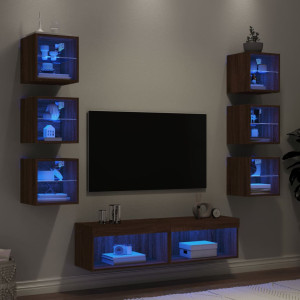 Muebles TV pared con LED 8 pzas madera ingeniería marrón roble D