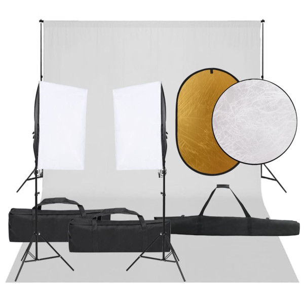 Kit de estúdio fotográfico com conjunto de luzes. fundo e refletor D