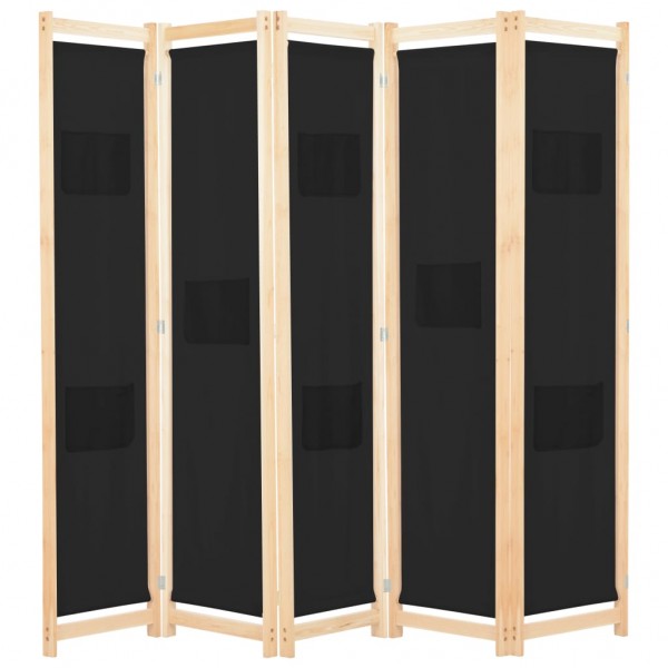 Biombo divisor de 5 paneles de tela negro 200x170x4 cm D