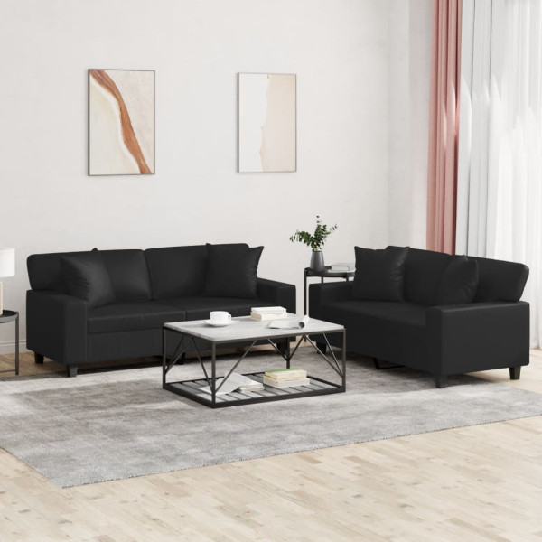 Conjunto de sofá de 2 peças em pele sintética preta com almofadas D