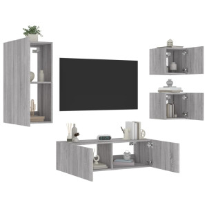 Muebles de TV de pared con luces LED 4 piezas gris Sonoma D