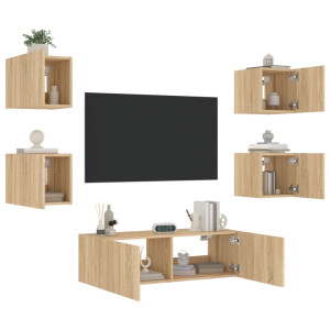 Muebles de TV de pared con luces LED 5 piezas roble Sonoma D