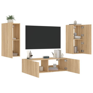 Muebles de TV de pared con luces LED 3 piezas roble Sonoma D