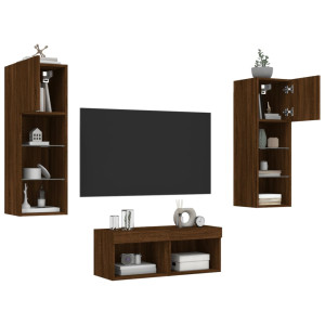 Muebles de TV de pared con luces LED 4 piezas marrón roble D