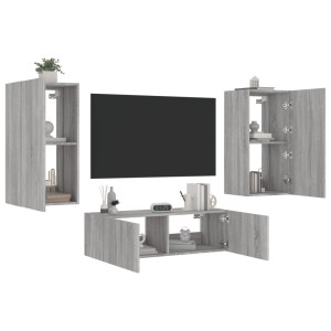Muebles de TV de pared con luces LED 3 piezas gris Sonoma D