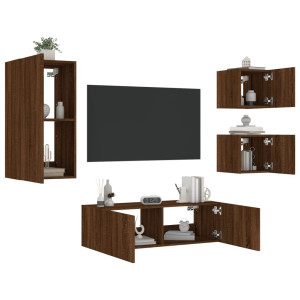 Muebles de TV de pared con luces LED 4 piezas marrón roble D