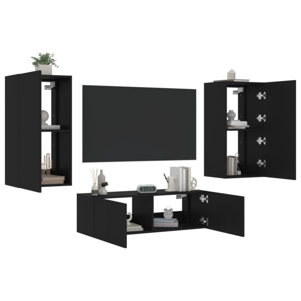 Móveis de TV de parede com luzes LED 3 peças preto D