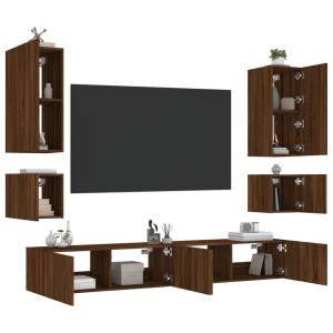 Muebles de TV de pared con luces LED 6 piezas marrón roble D