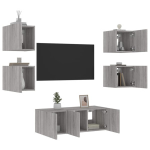 Muebles TV pared con LED 6 pzas madera ingeniería gris Sonoma D