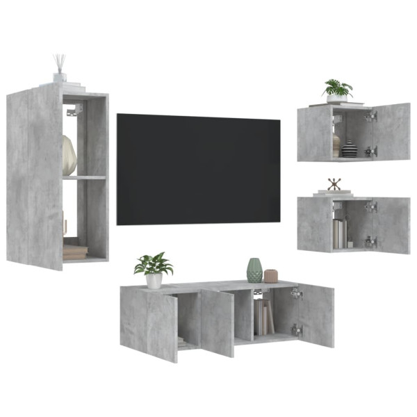 Mobiliário TV de parede com LED 5 pzas madeira engenharia cinza concreto D