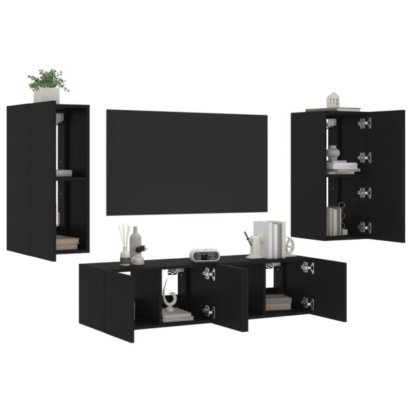 Móveis de TV de parede com LED 4 pzas madeira engenharia preta D